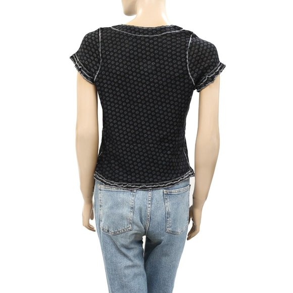 Free People Garner Tee Blouse Top Floral Print Ruffle Short Sleeve - Picture 6 of 7